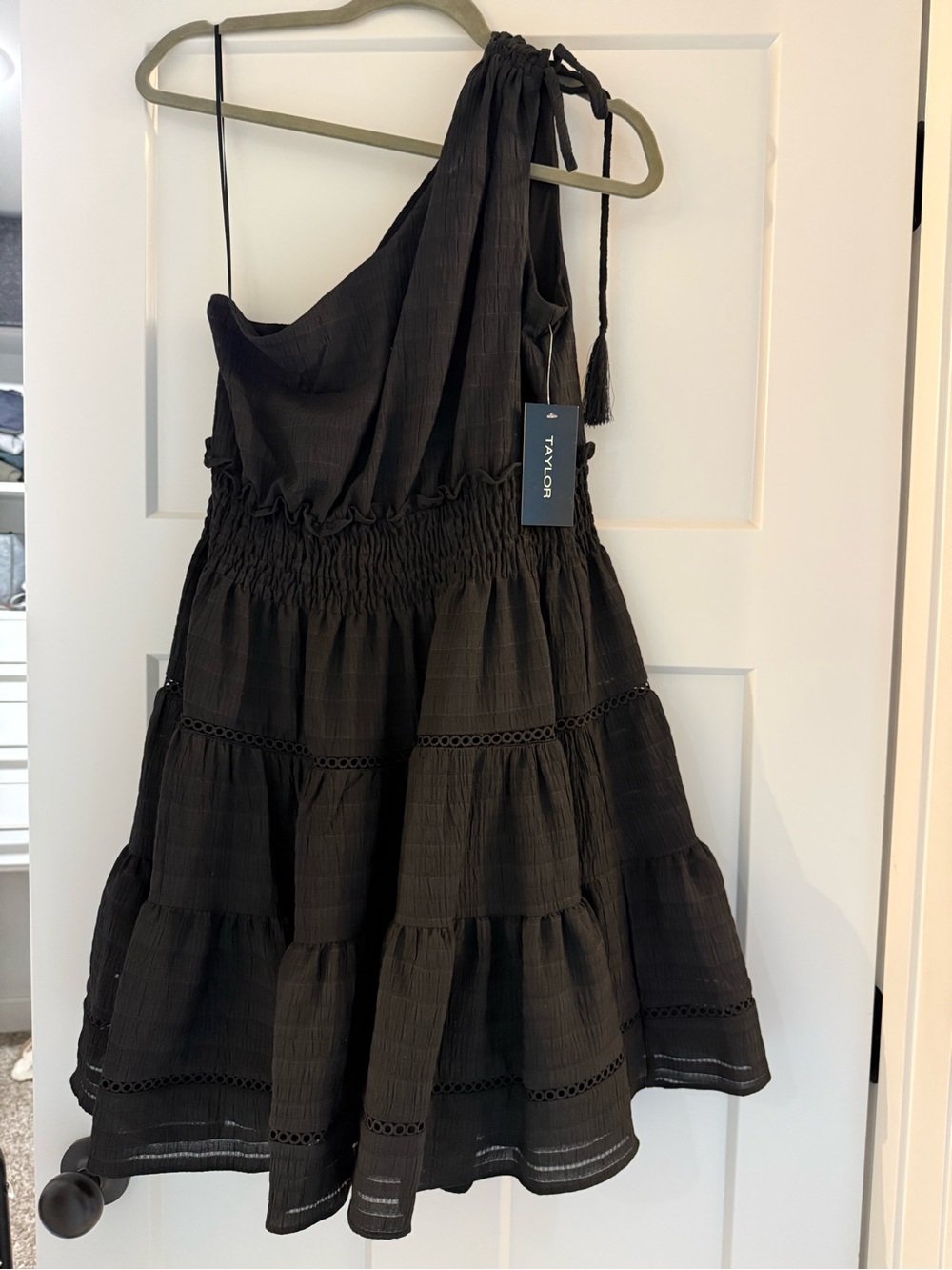 Taylor Black Smocked One-Shoulder Mini Dress